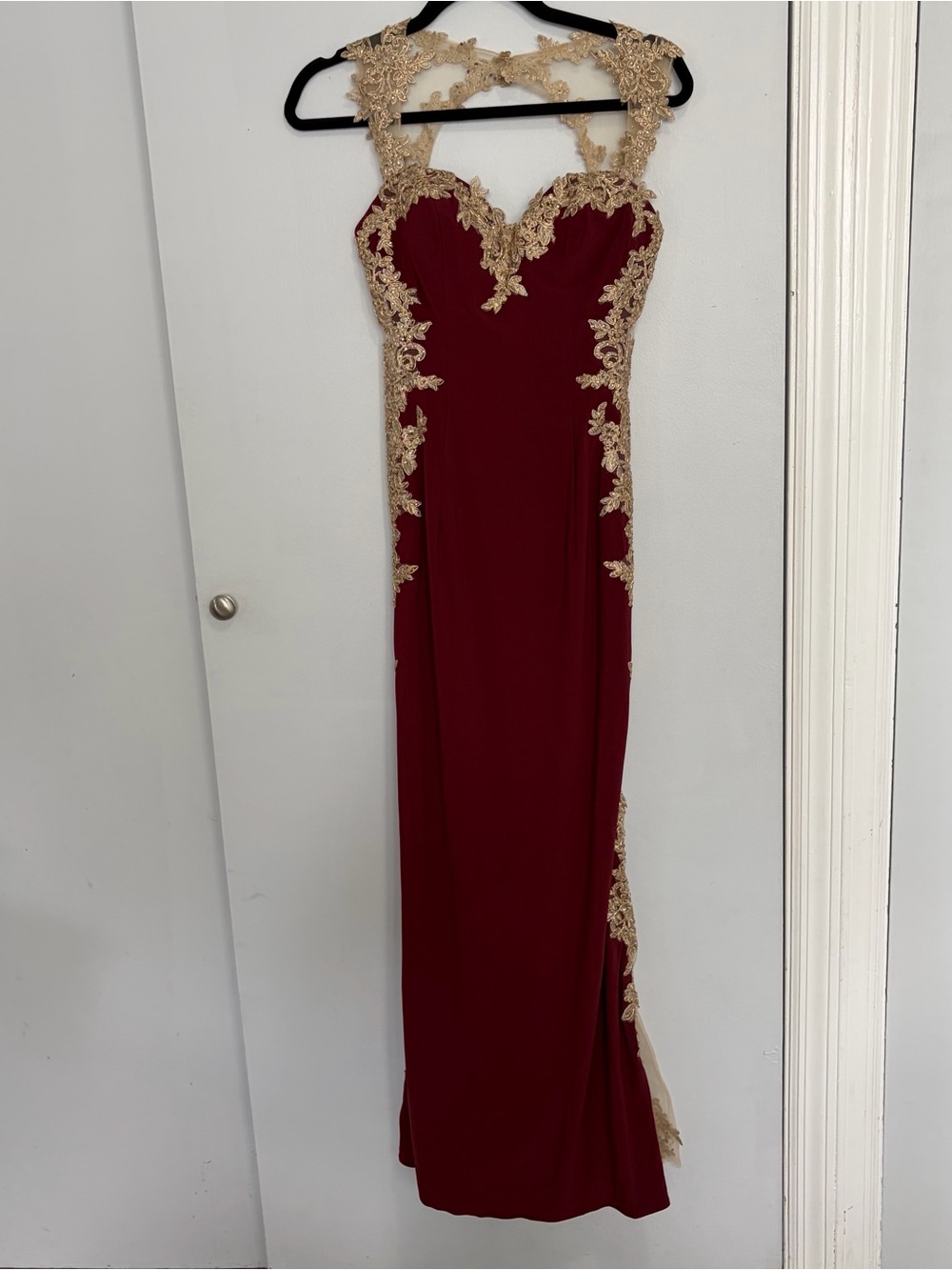 red gold formal prom gown dress lace sheer side panels women 4 sweet 16 mermaid